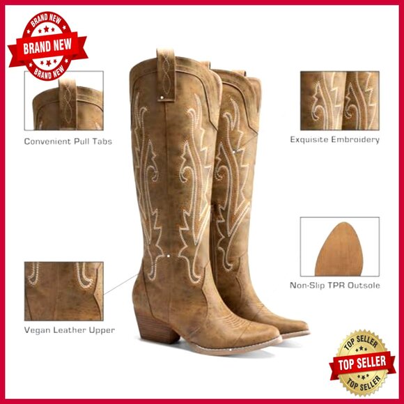 Embroidered Western Pull-On Knee-High Cowboy Boots Vintage Retro Chic - Picture 6 of 7